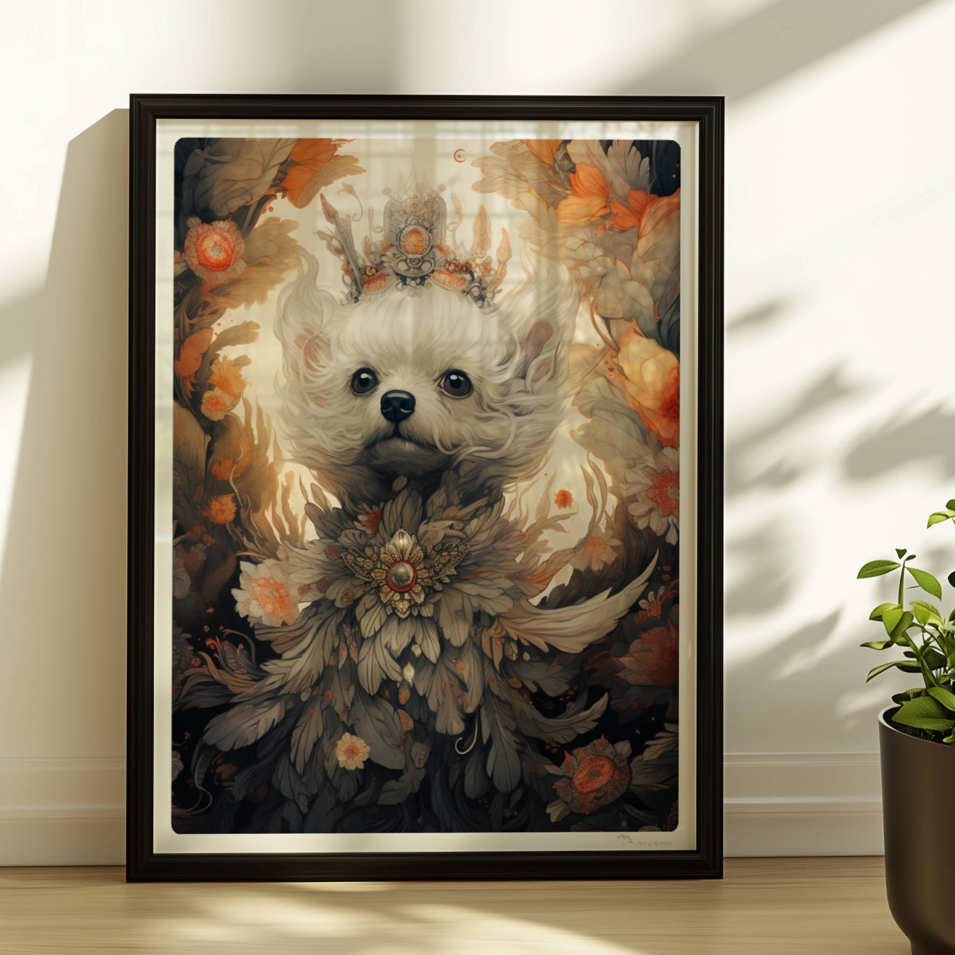 Malteserporträt mit floralen Details und dekorativem Blumenkranz.. Rahmen schwarz 30x40