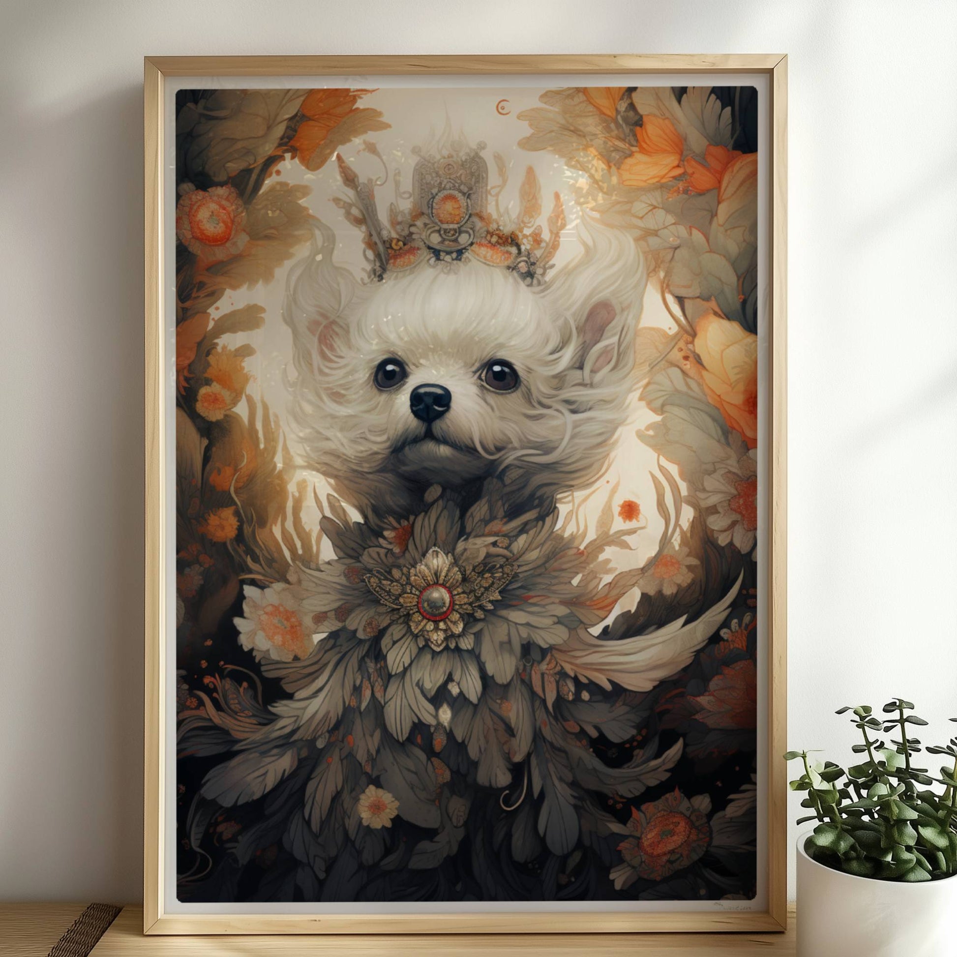 Malteserporträt mit floralen Details und dekorativem Blumenkranz.. Rahmen natur 50x70