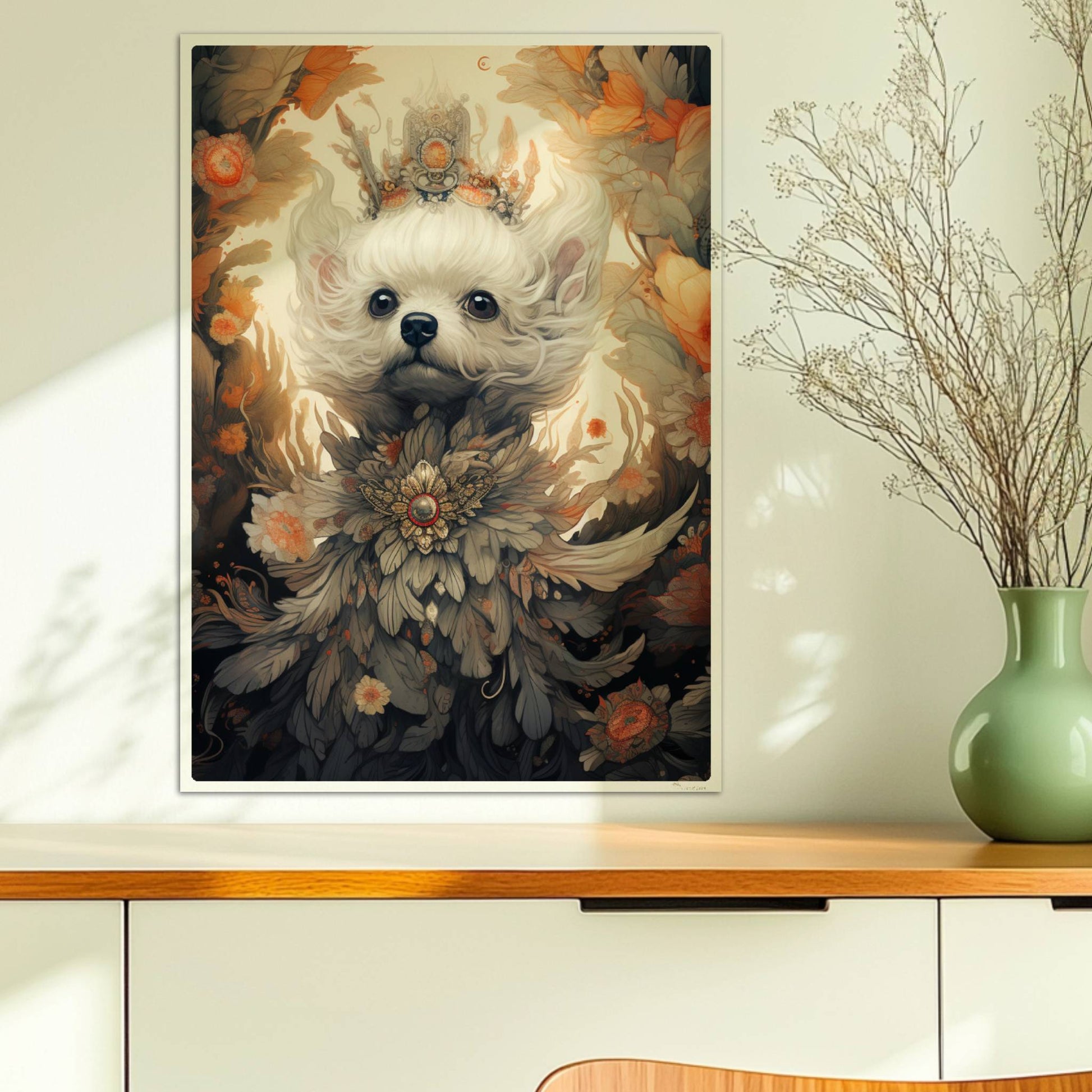 Malteserporträt mit floralen Details und dekorativem Blumenkranz.. Ohne Rahmen 50x70