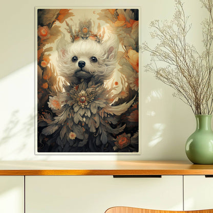 Malteserporträt mit floralen Details und dekorativem Blumenkranz.. Ohne Rahmen 50x70