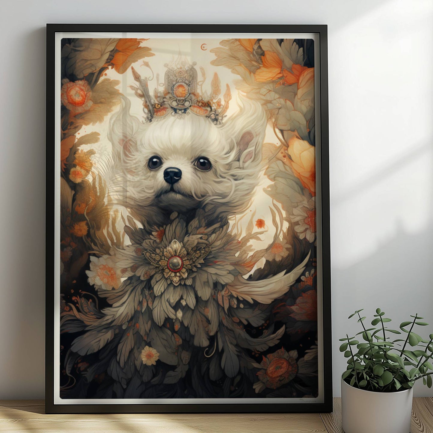 Malteserporträt mit floralen Details und dekorativem Blumenkranz.. Rahmen schwarz 50x70