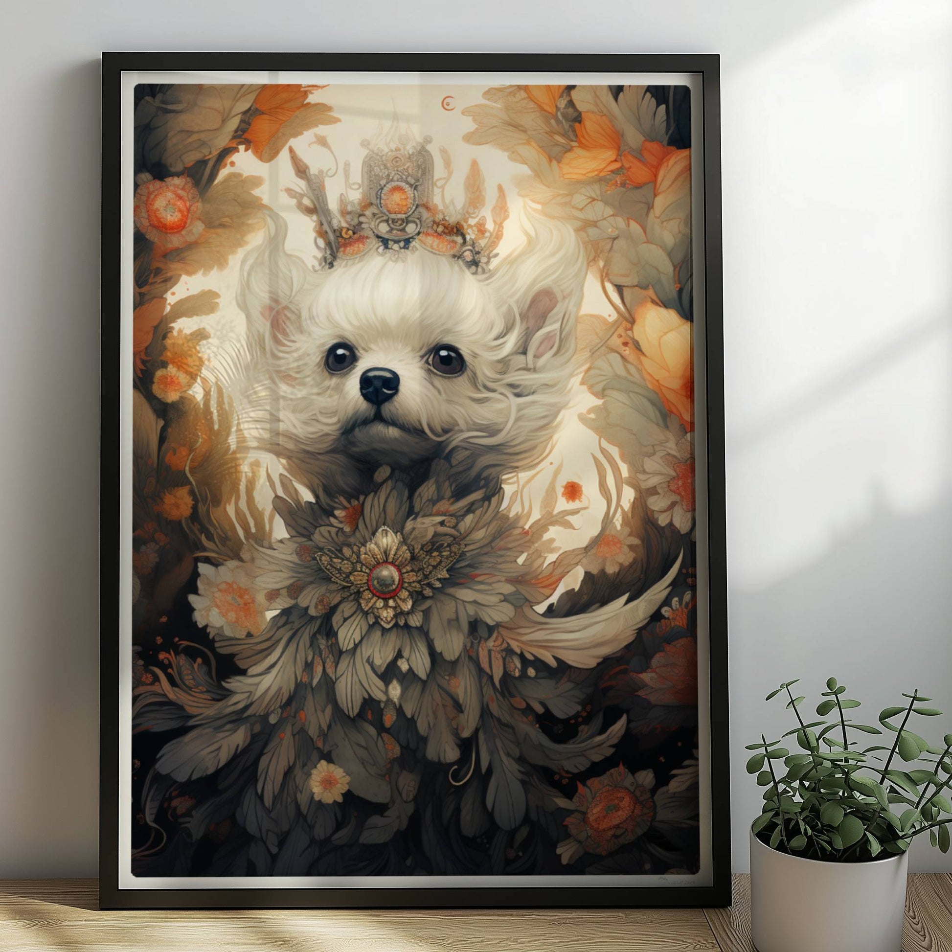 Malteserporträt mit floralen Details und dekorativem Blumenkranz.. Rahmen schwarz 50x70