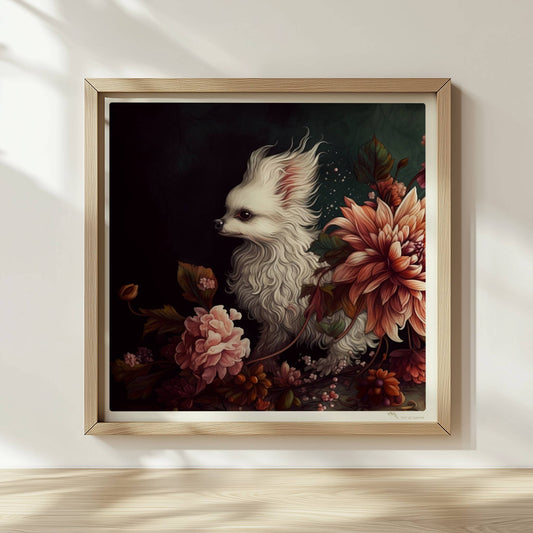 Königliches Malteserporträt mit Chrysanthemen in dunklen Tönen.. Rahmen natur 30x30
