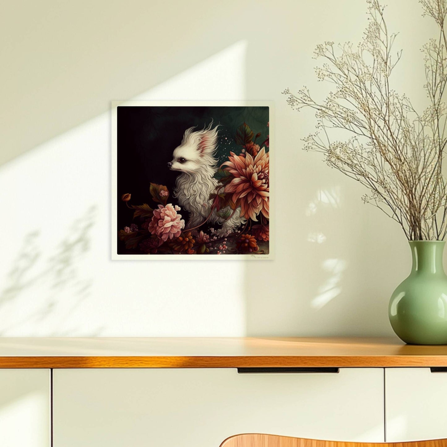 Königliches Malteserporträt mit Chrysanthemen in dunklen Tönen.. Ohne Rahmen 30x30