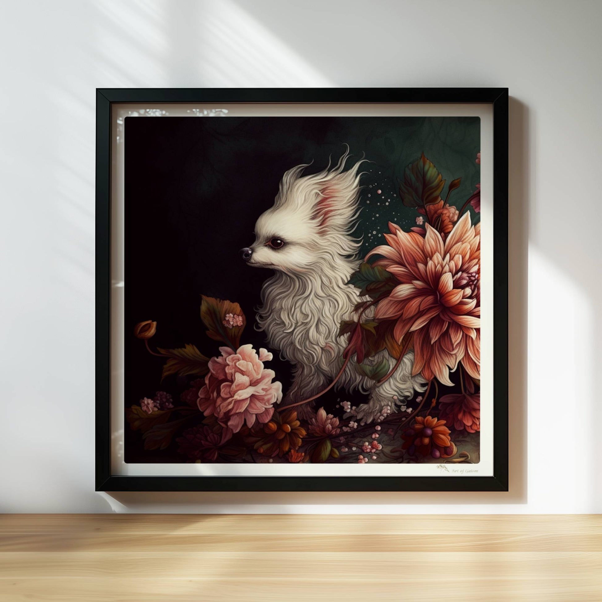 Königliches Malteserporträt mit Chrysanthemen in dunklen Tönen.. Rahmen schwarz 30x30