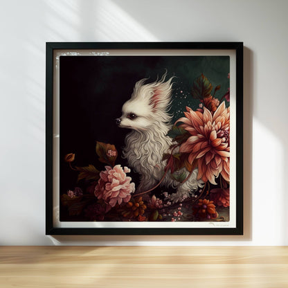 Königliches Malteserporträt mit Chrysanthemen in dunklen Tönen.. Rahmen schwarz 30x30