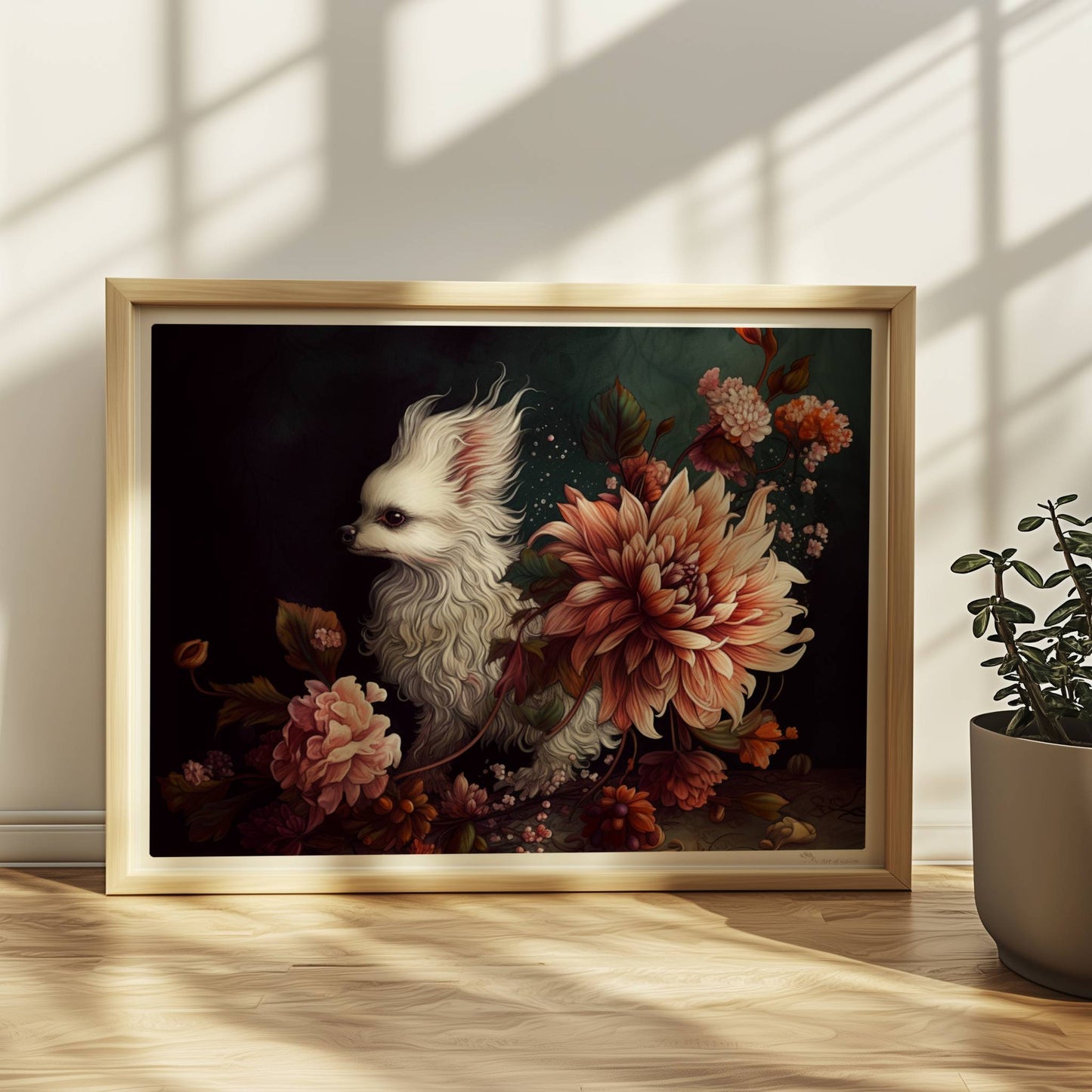 Königliches Malteserporträt mit Chrysanthemen in dunklen Tönen.. Rahmen natur 40x30