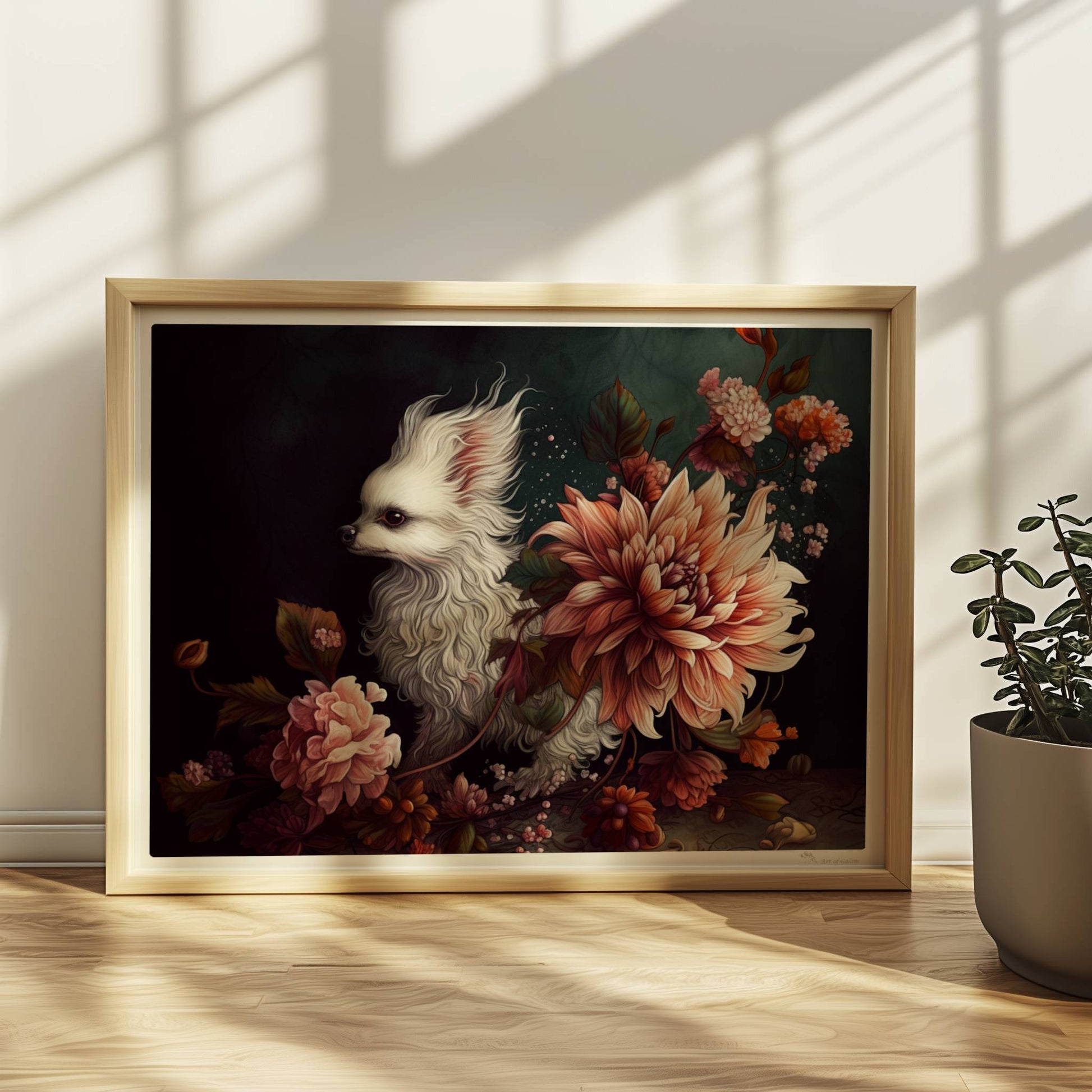 Königliches Malteserporträt mit Chrysanthemen in dunklen Tönen.. Rahmen natur 40x30