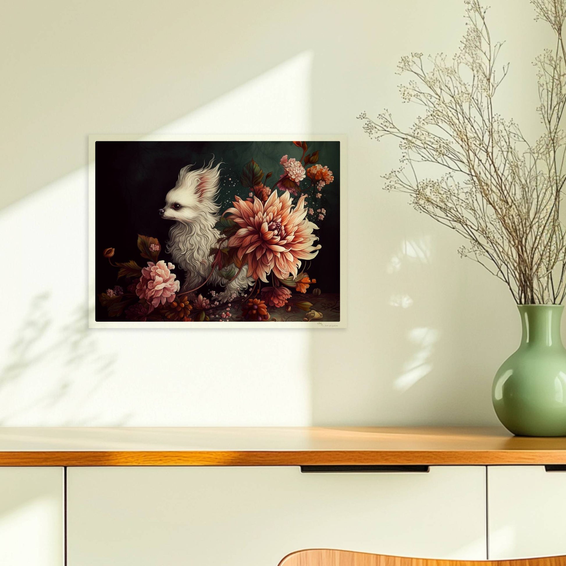 Königliches Malteserporträt mit Chrysanthemen in dunklen Tönen.. Ohne Rahmen 40x30