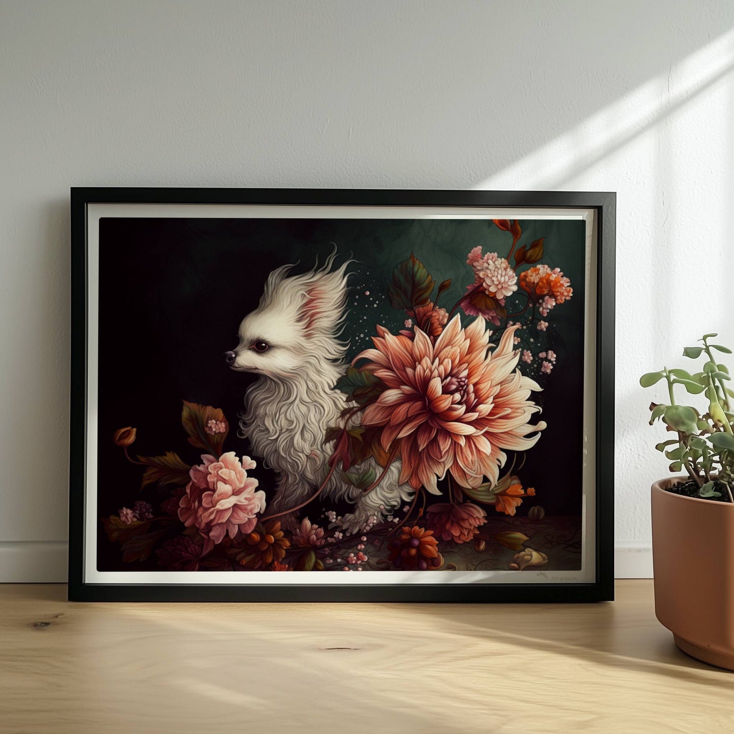 Königliches Malteserporträt mit Chrysanthemen in dunklen Tönen.. Rahmen schwarz 40x30