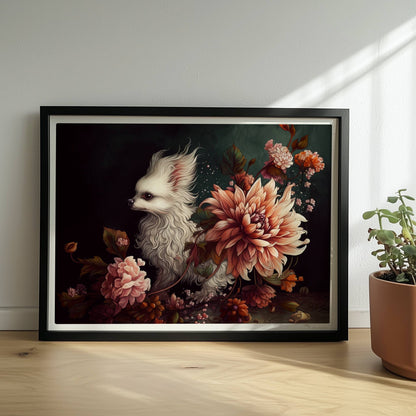 Königliches Malteserporträt mit Chrysanthemen in dunklen Tönen.. Rahmen schwarz 40x30