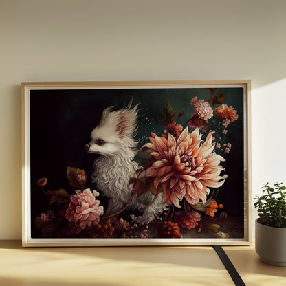 Königliches Malteserporträt mit Chrysanthemen in dunklen Tönen.. Rahmen natur 70x50