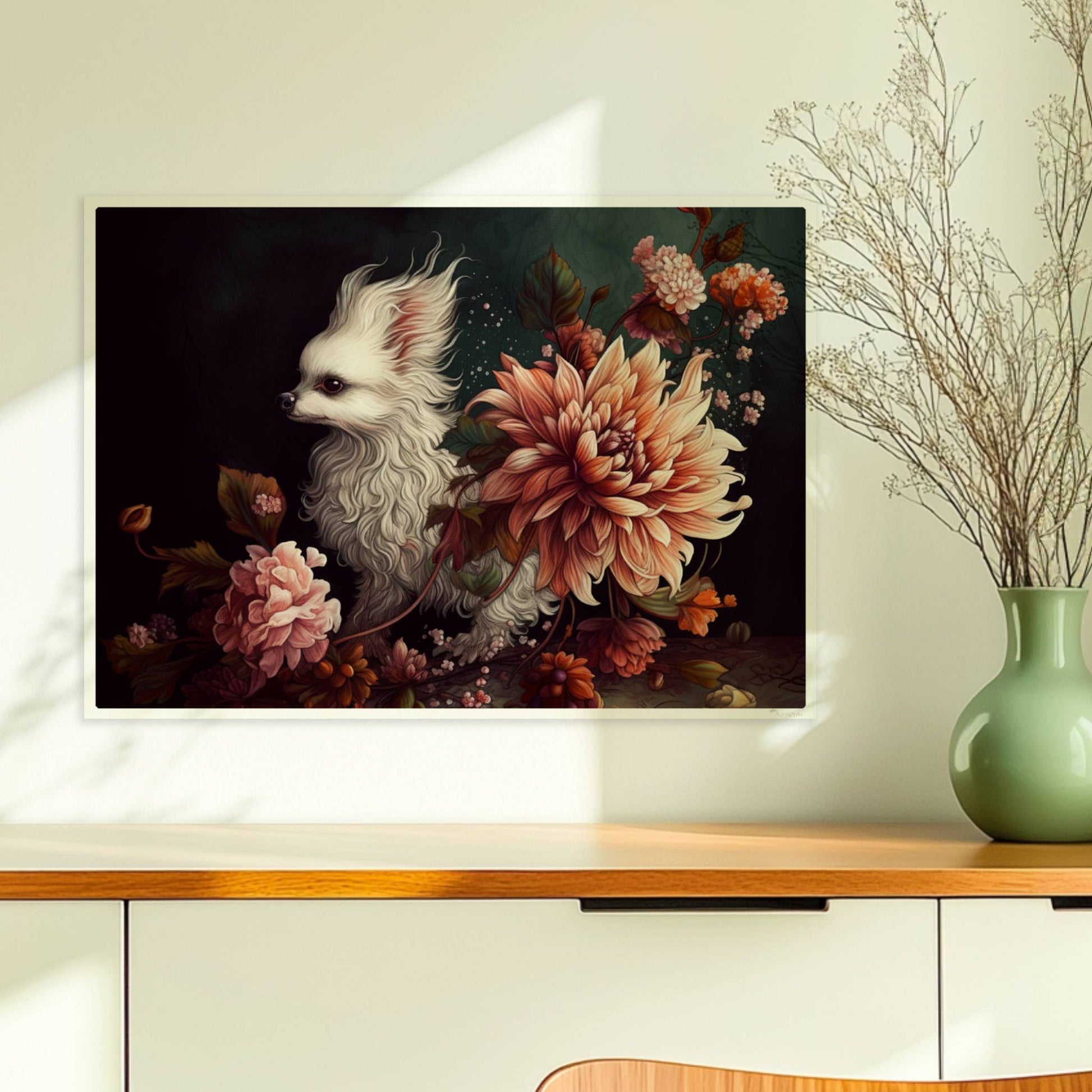 Königliches Malteserporträt mit Chrysanthemen in dunklen Tönen.. Ohne Rahmen 70x50