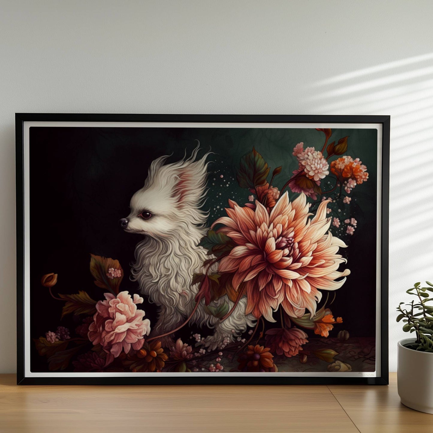 Königliches Malteserporträt mit Chrysanthemen in dunklen Tönen.. Rahmen schwarz 70x50