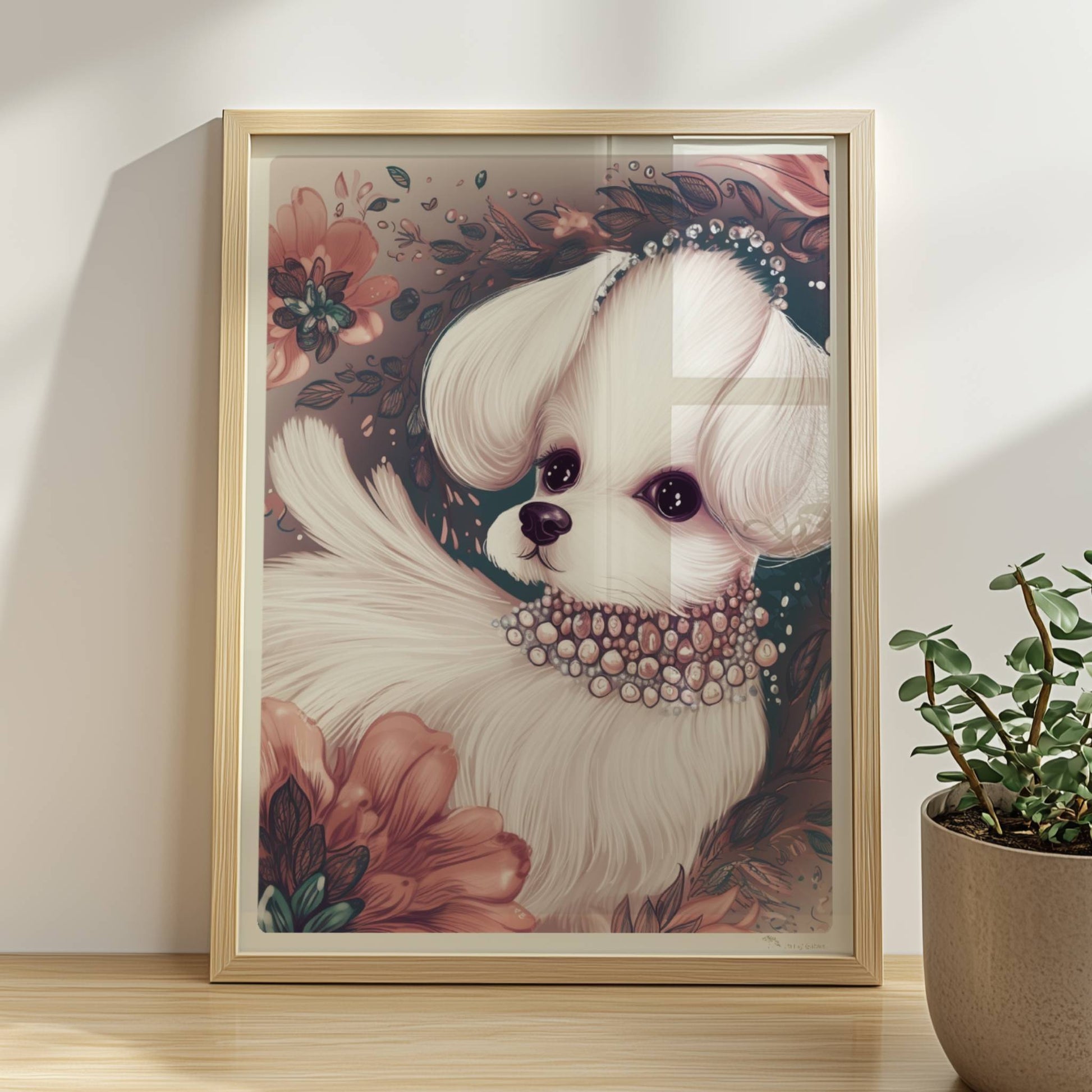 Malteser mit Halskette und verträumtem Blick – elegant inszeniert.. Rahmen natur 30x40