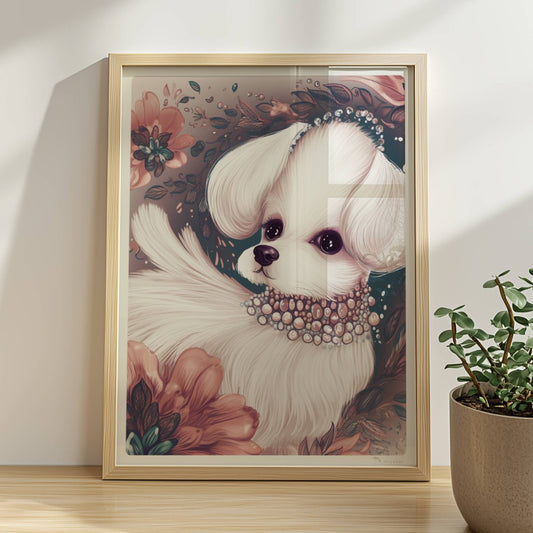 Malteser mit Halskette und verträumtem Blick – elegant inszeniert.. Rahmen natur 30x40