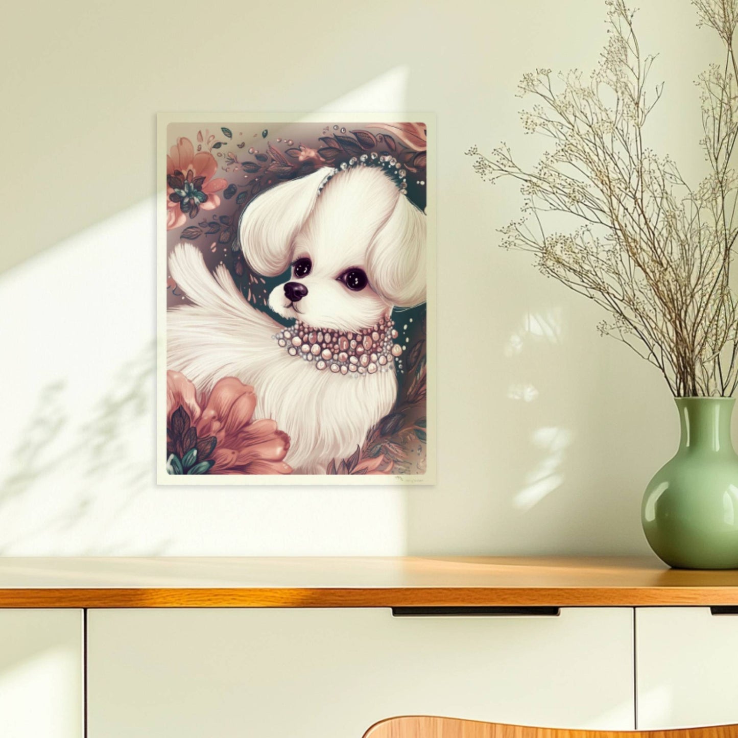 Malteser mit Halskette und verträumtem Blick – elegant inszeniert.. Ohne Rahmen 30x40