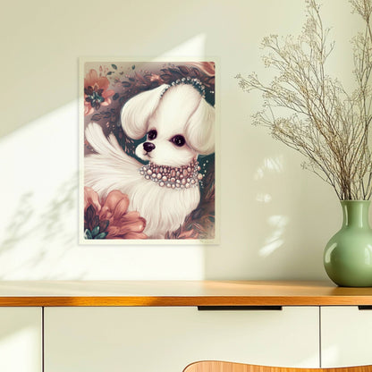 Malteser mit Halskette und verträumtem Blick – elegant inszeniert.. Ohne Rahmen 30x40