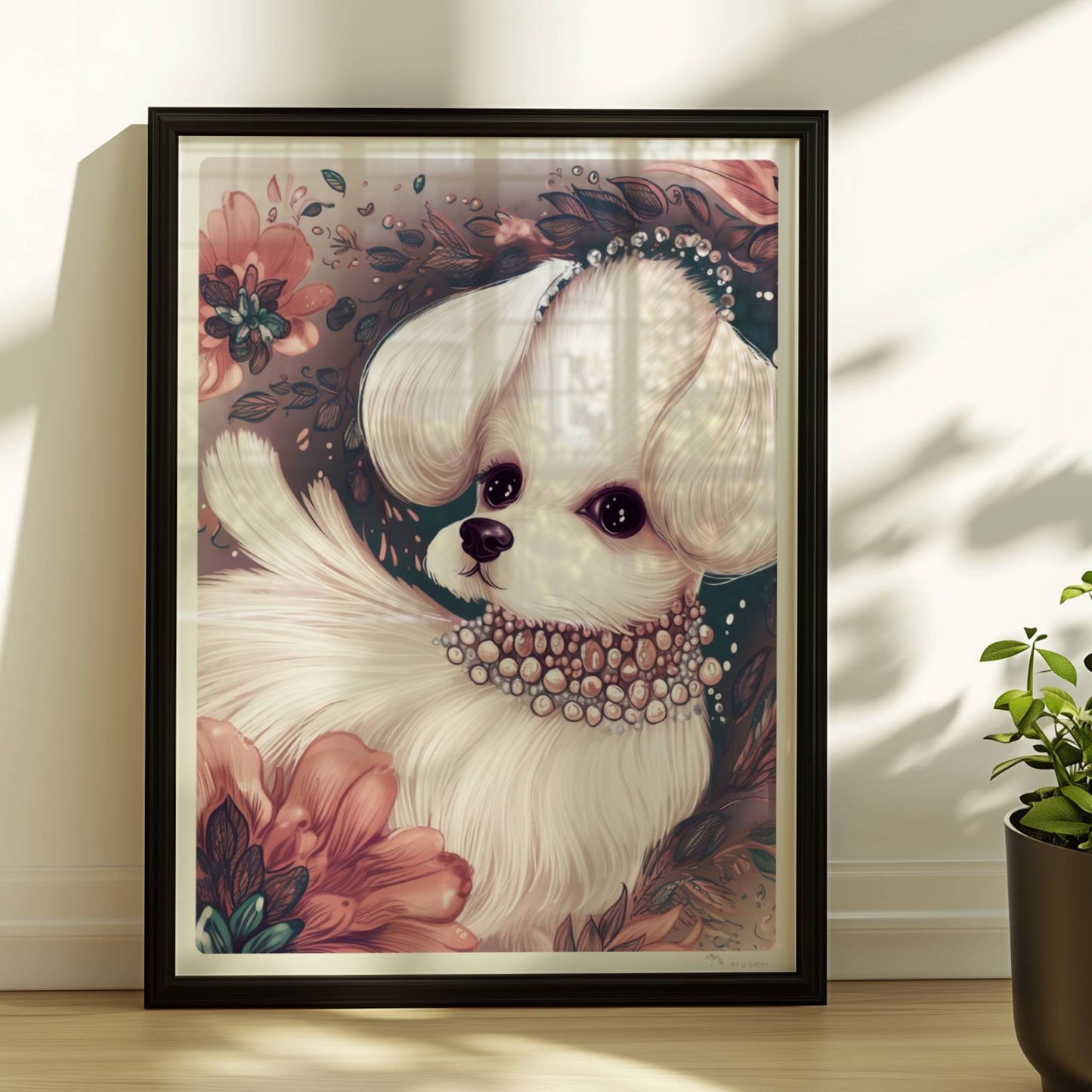 Malteser mit Halskette und verträumtem Blick – elegant inszeniert.. Rahmen schwarz 30x40