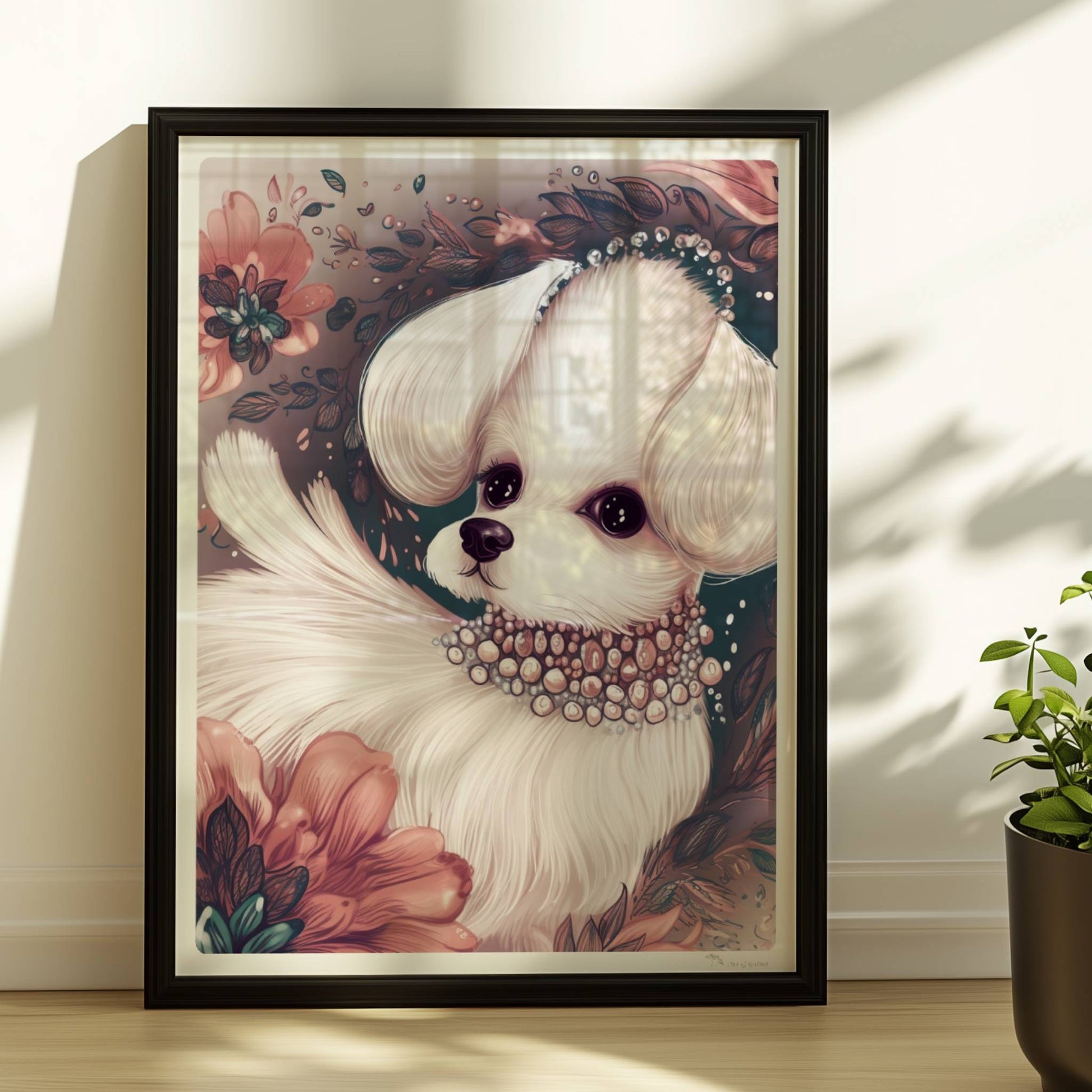 Malteser mit Halskette und verträumtem Blick – elegant inszeniert.. Rahmen schwarz 30x40