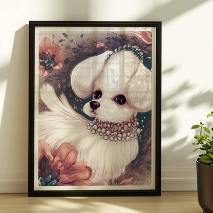 Malteser mit Halskette und verträumtem Blick – elegant inszeniert.. Rahmen schwarz 30x40