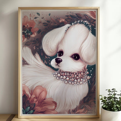 Malteser mit Halskette und verträumtem Blick – elegant inszeniert.. Rahmen natur 50x70