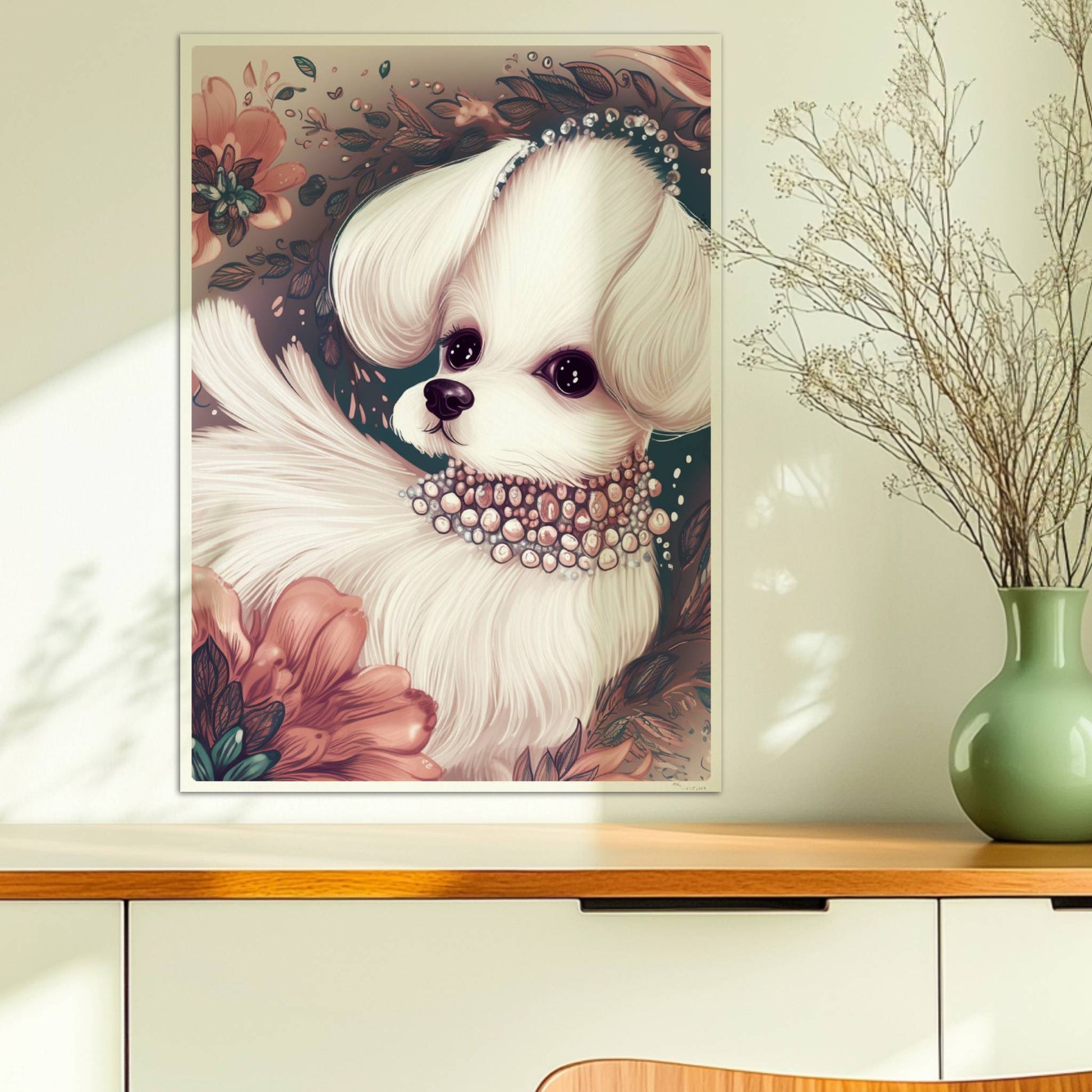 Malteser mit Halskette und verträumtem Blick – elegant inszeniert.. Ohne Rahmen 50x70