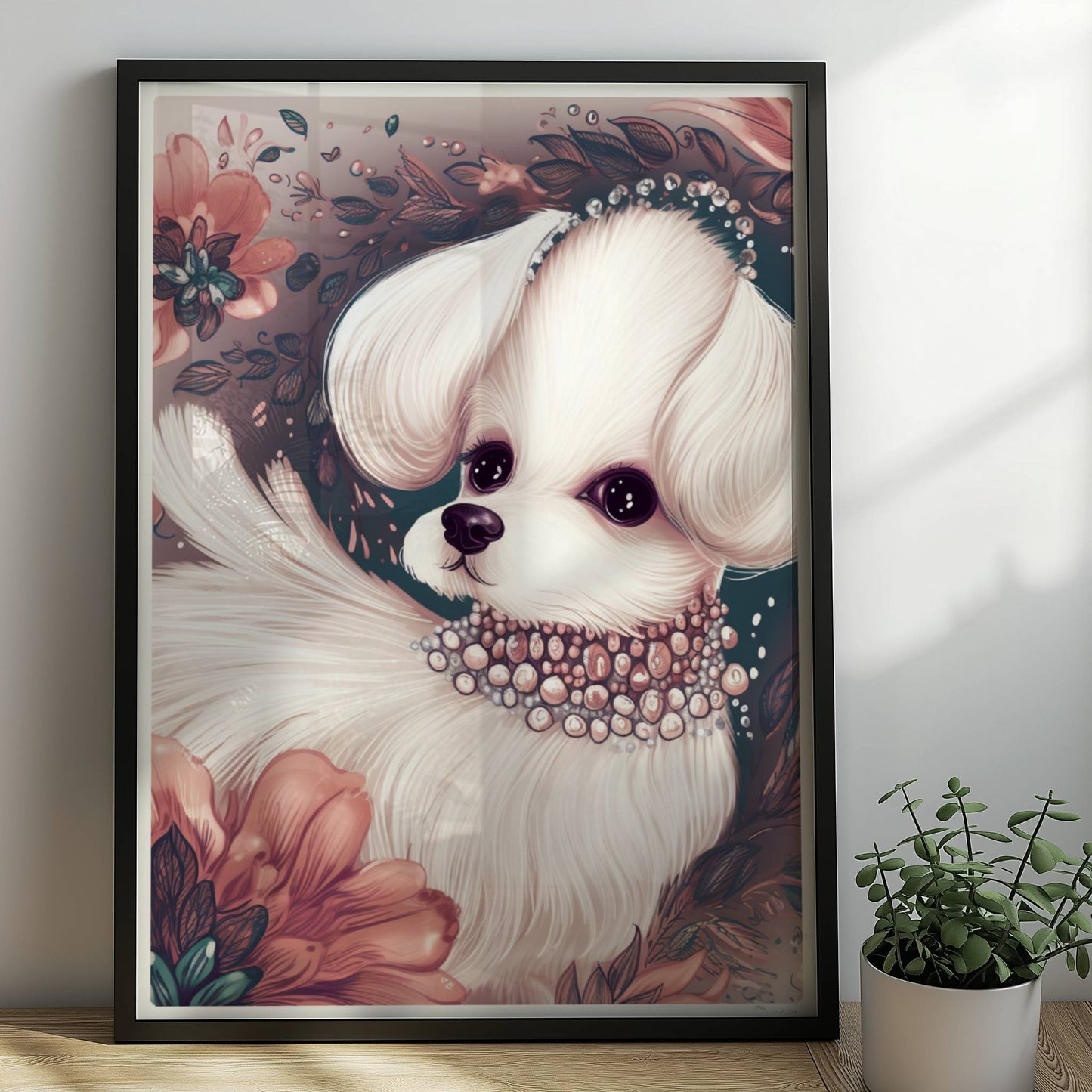 Malteser mit Halskette und verträumtem Blick – elegant inszeniert.. Rahmen schwarz 50x70