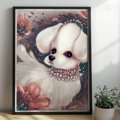 Malteser mit Halskette und verträumtem Blick – elegant inszeniert.. Rahmen schwarz 50x70