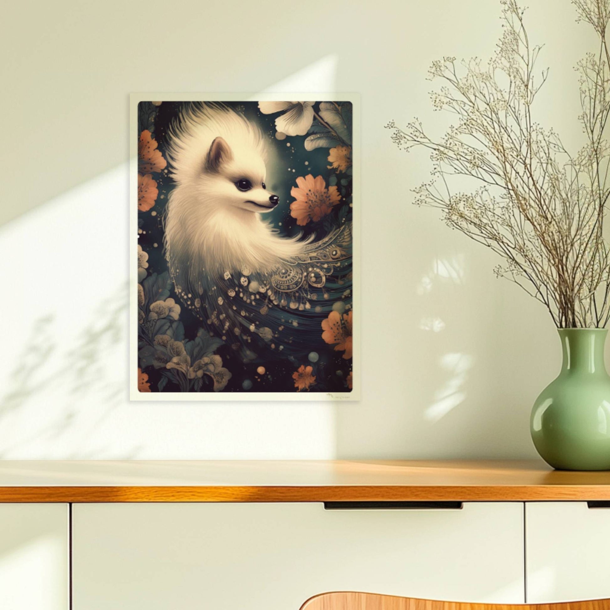 Flauschiger weißer Hund mit langen Ohren und floralen Ornamenten.. Ohne Rahmen 30x40