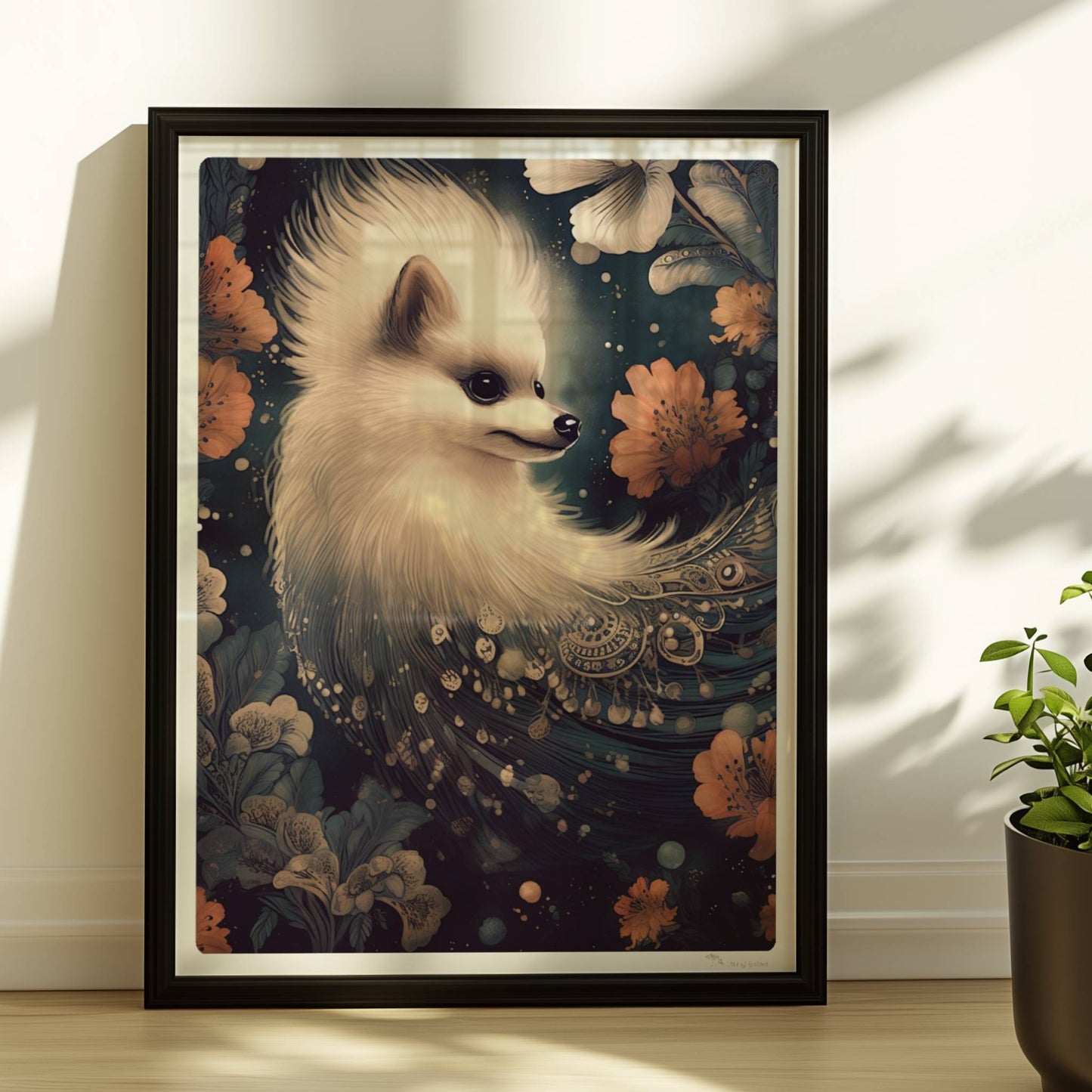 Flauschiger weißer Hund mit langen Ohren und floralen Ornamenten.. Rahmen schwarz 30x40