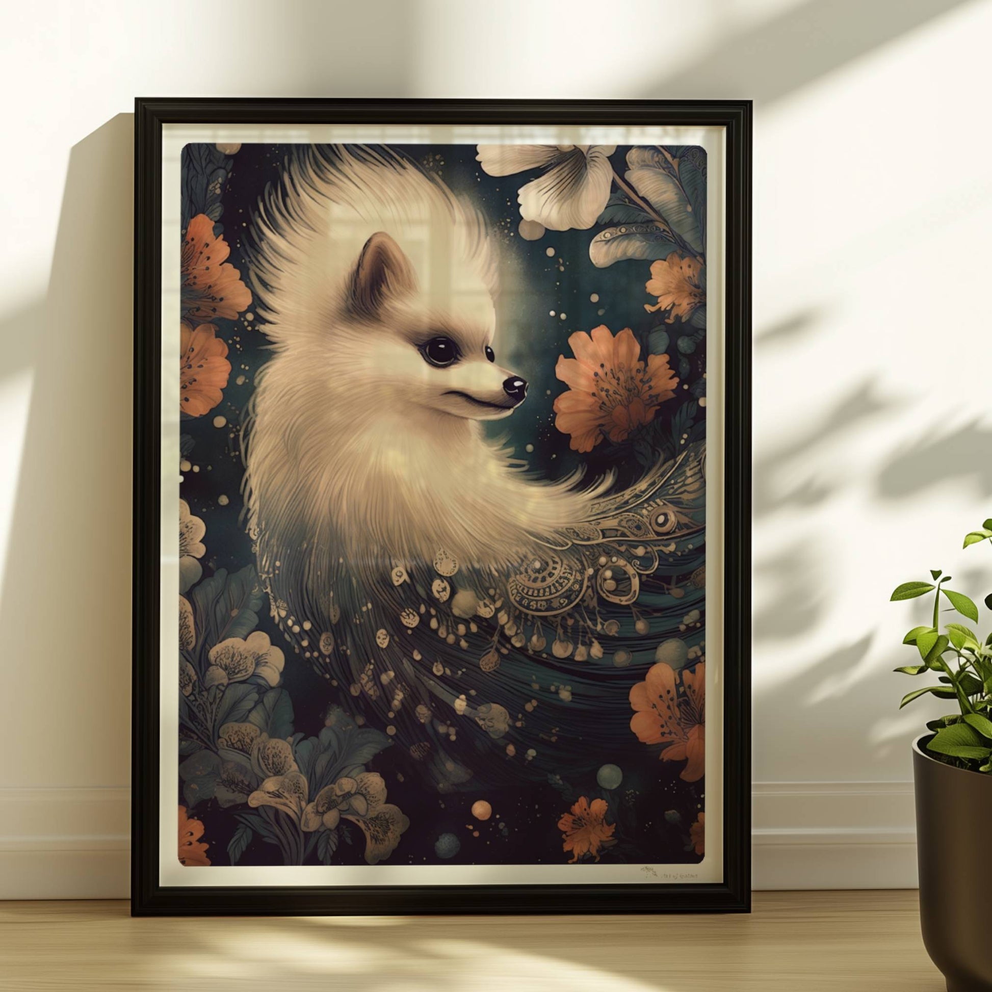 Flauschiger weißer Hund mit langen Ohren und floralen Ornamenten.. Rahmen schwarz 30x40