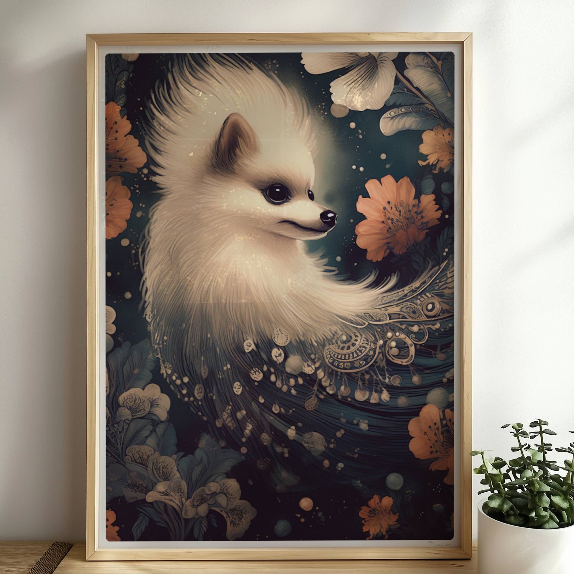 Flauschiger weißer Hund mit langen Ohren und floralen Ornamenten.. Rahmen natur 50x70