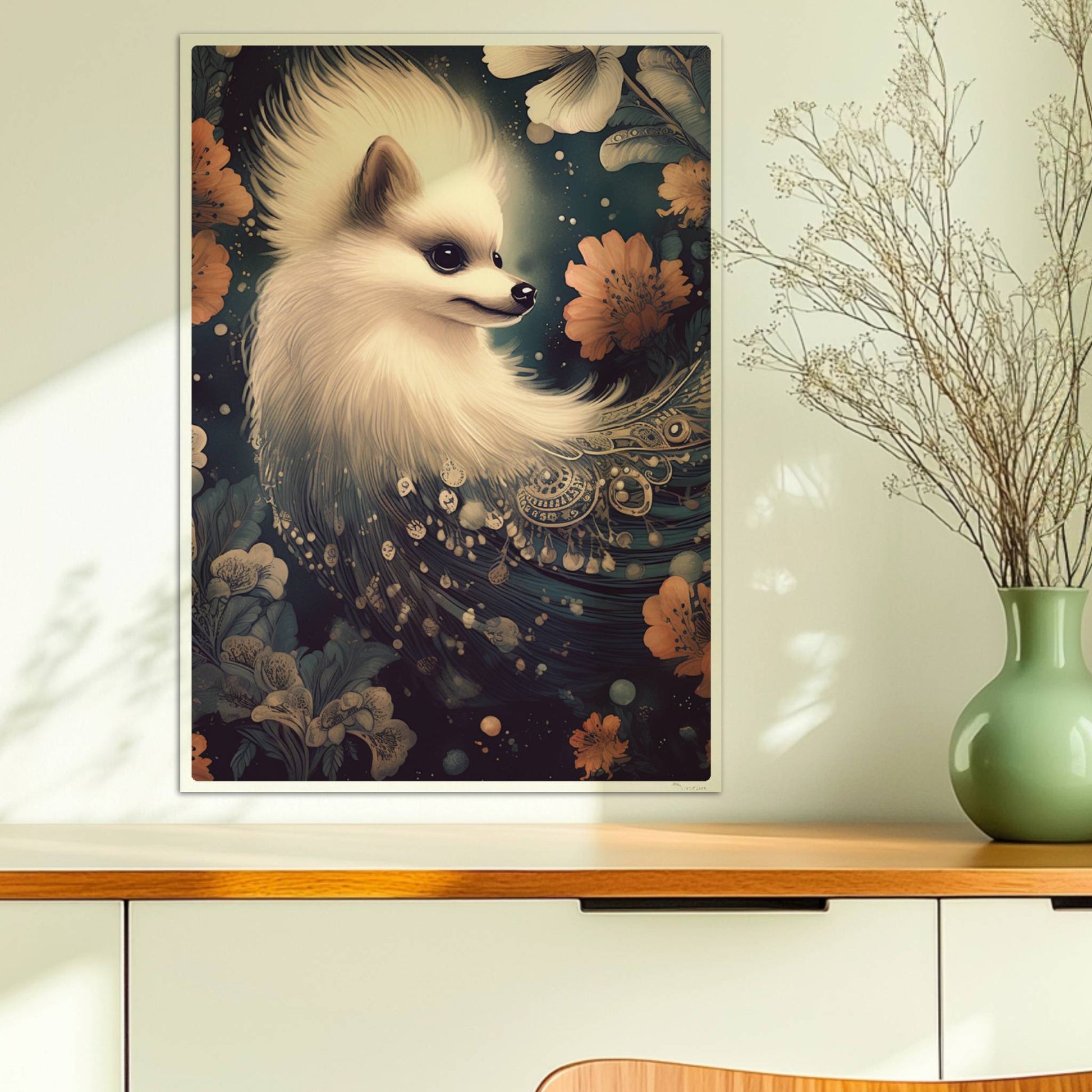 Flauschiger weißer Hund mit langen Ohren und floralen Ornamenten.. Ohne Rahmen 50x70