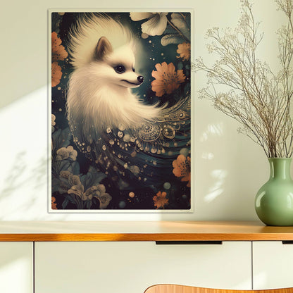 Flauschiger weißer Hund mit langen Ohren und floralen Ornamenten.. Ohne Rahmen 50x70