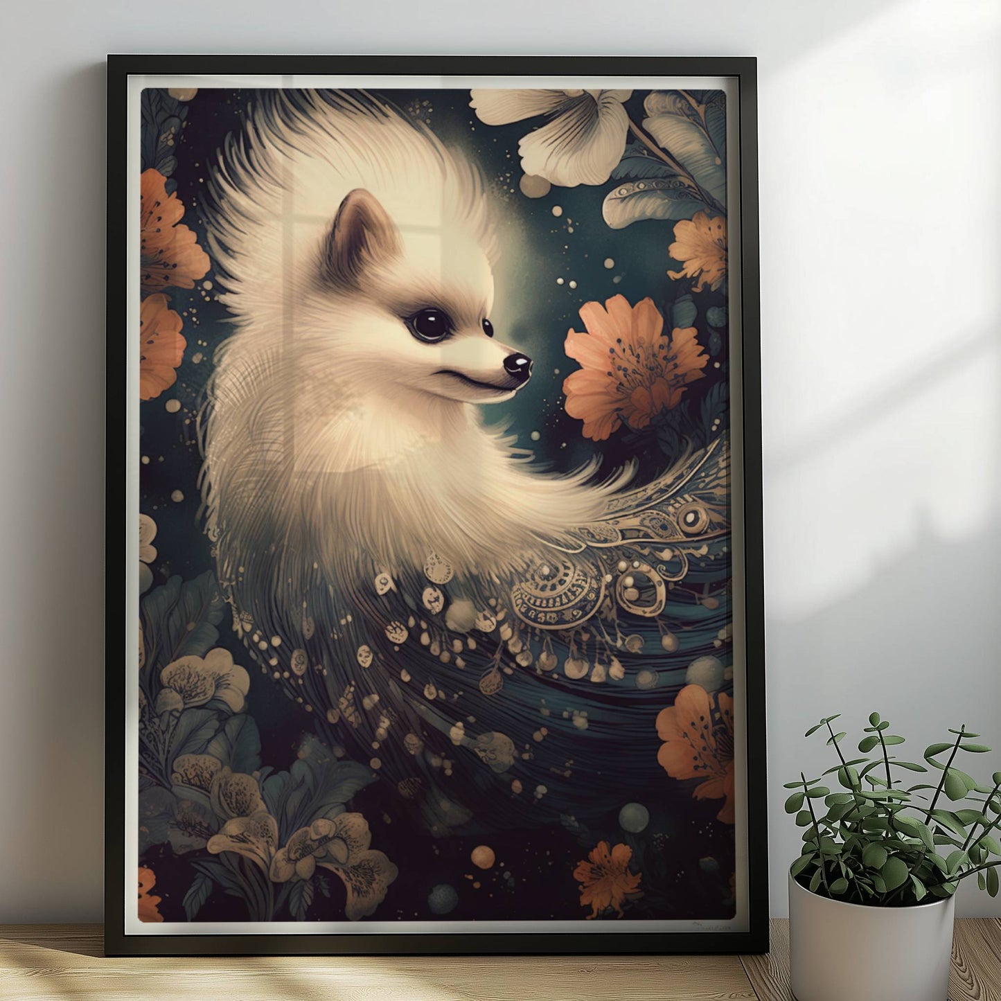 Flauschiger weißer Hund mit langen Ohren und floralen Ornamenten.. Rahmen schwarz 50x70