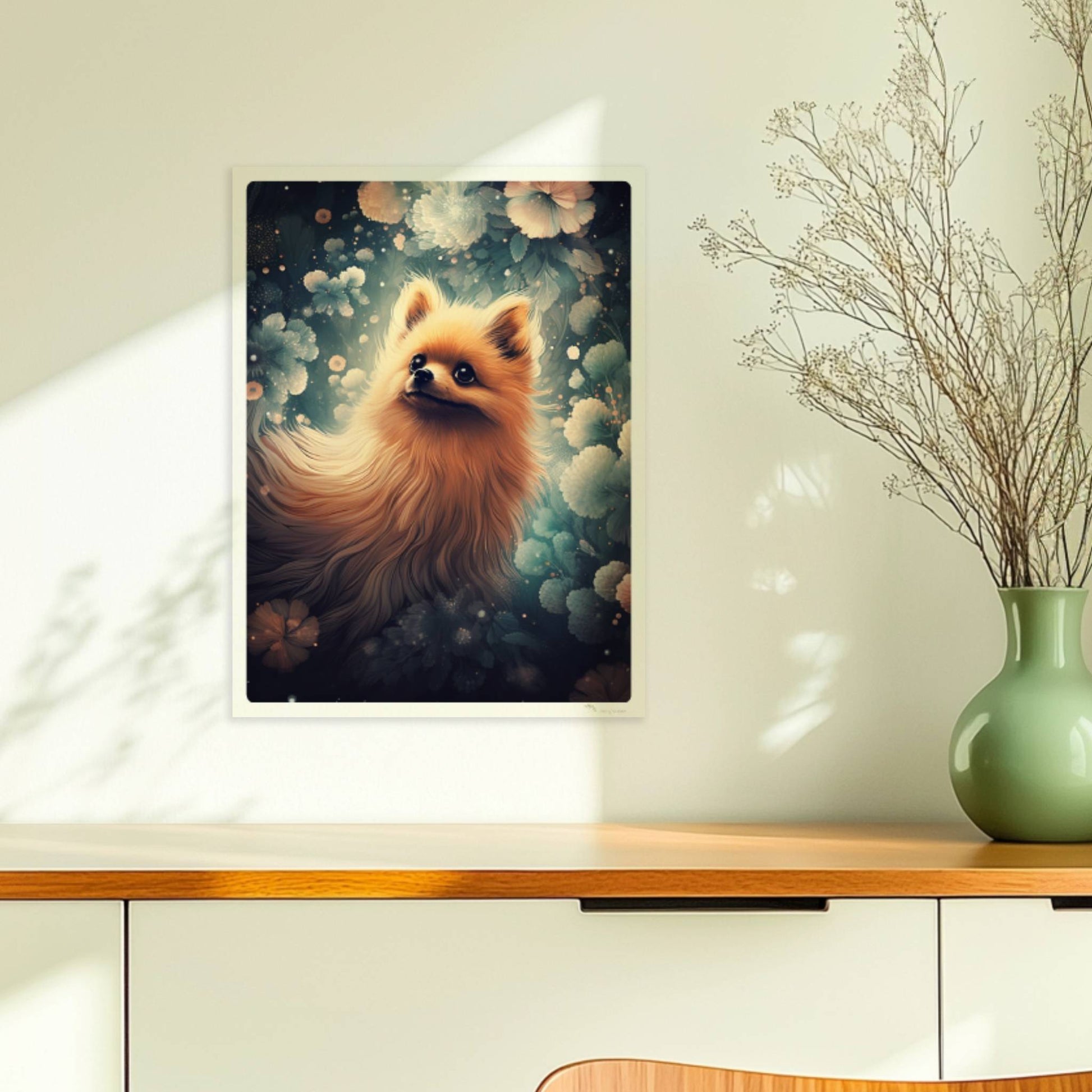 Fluffiger Pomeranian vor verträumtem Hintergrund.. Ohne Rahmen 30x40