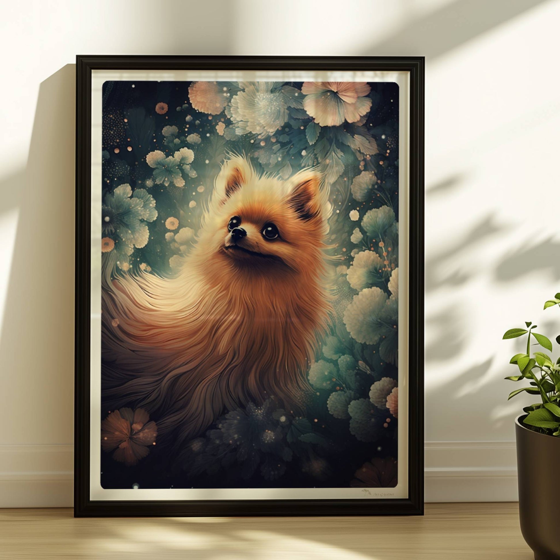 Fluffiger Pomeranian vor verträumtem Hintergrund.. Rahmen schwarz 30x40