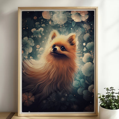 Fluffiger Pomeranian vor verträumtem Hintergrund.. Rahmen natur 50x70