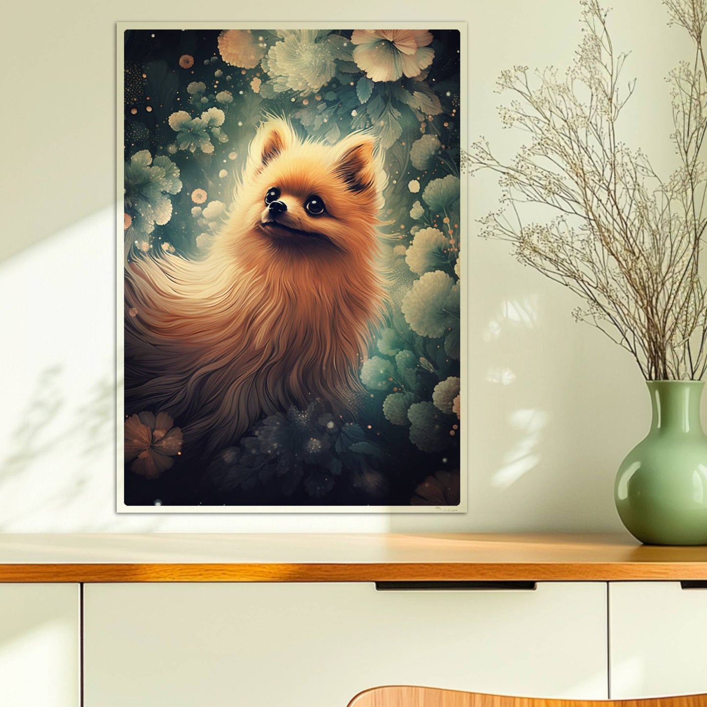 Fluffiger Pomeranian vor verträumtem Hintergrund.. Ohne Rahmen 50x70