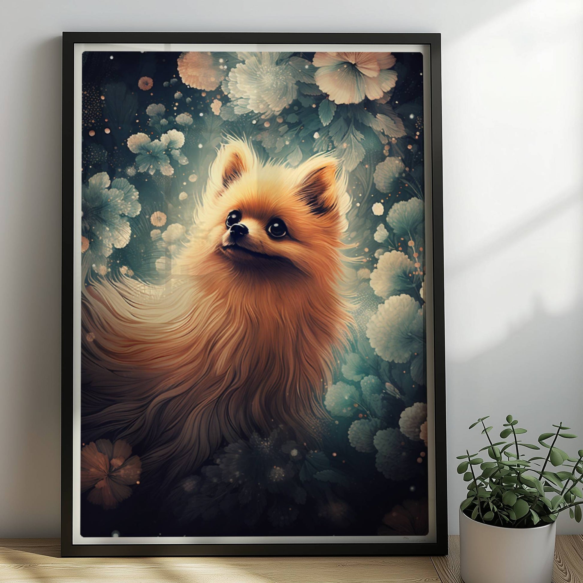 Fluffiger Pomeranian vor verträumtem Hintergrund.. Rahmen schwarz 50x70