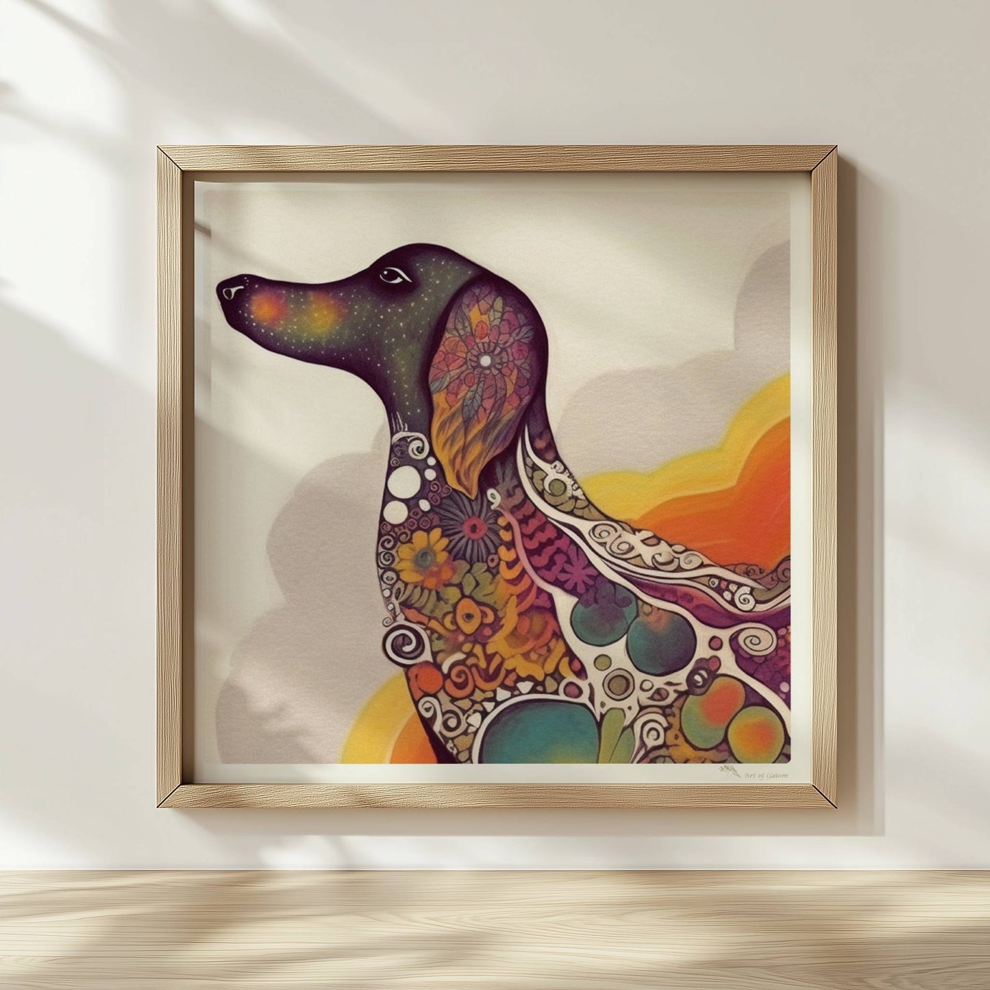Bunter Dackel in psychedelischem Stil mit Mustern.. Rahmen natur 30x30