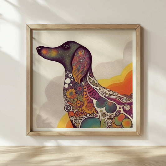 Bunter Dackel in psychedelischem Stil mit Mustern.. Rahmen natur 30x30