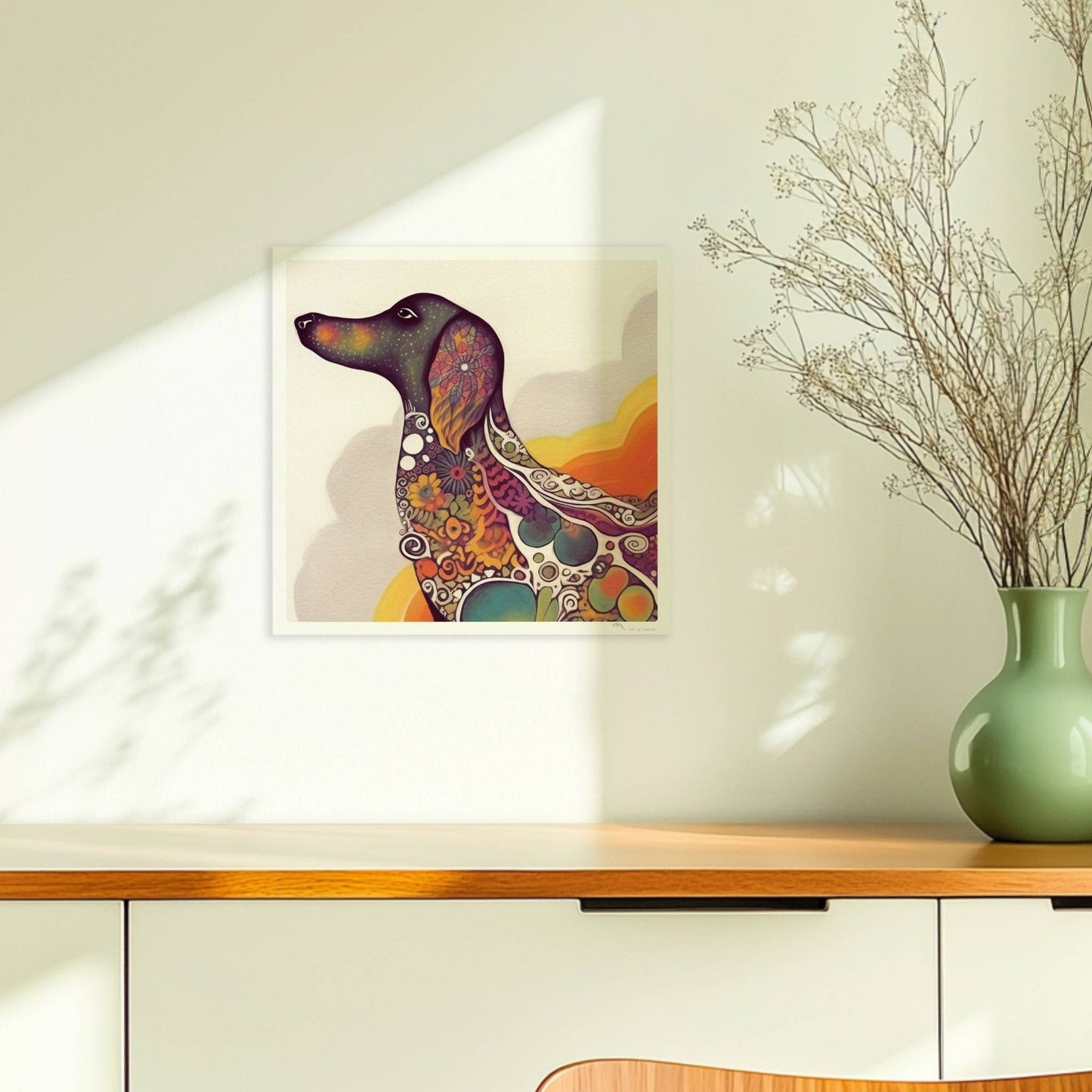 Bunter Dackel in psychedelischem Stil mit Mustern.. Ohne Rahmen 30x30