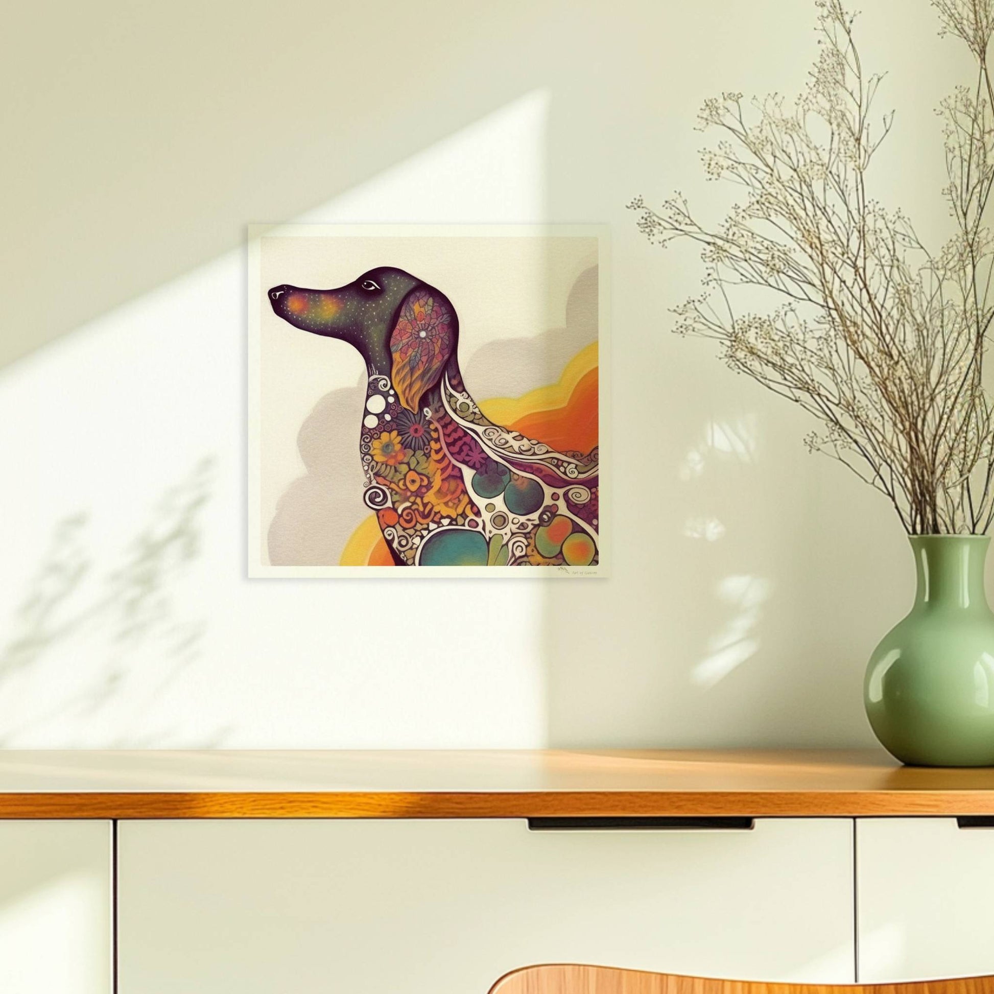 Bunter Dackel in psychedelischem Stil mit Mustern.. Ohne Rahmen 30x30