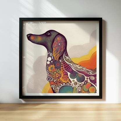 Bunter Dackel in psychedelischem Stil mit Mustern.. Rahmen schwarz 30x30