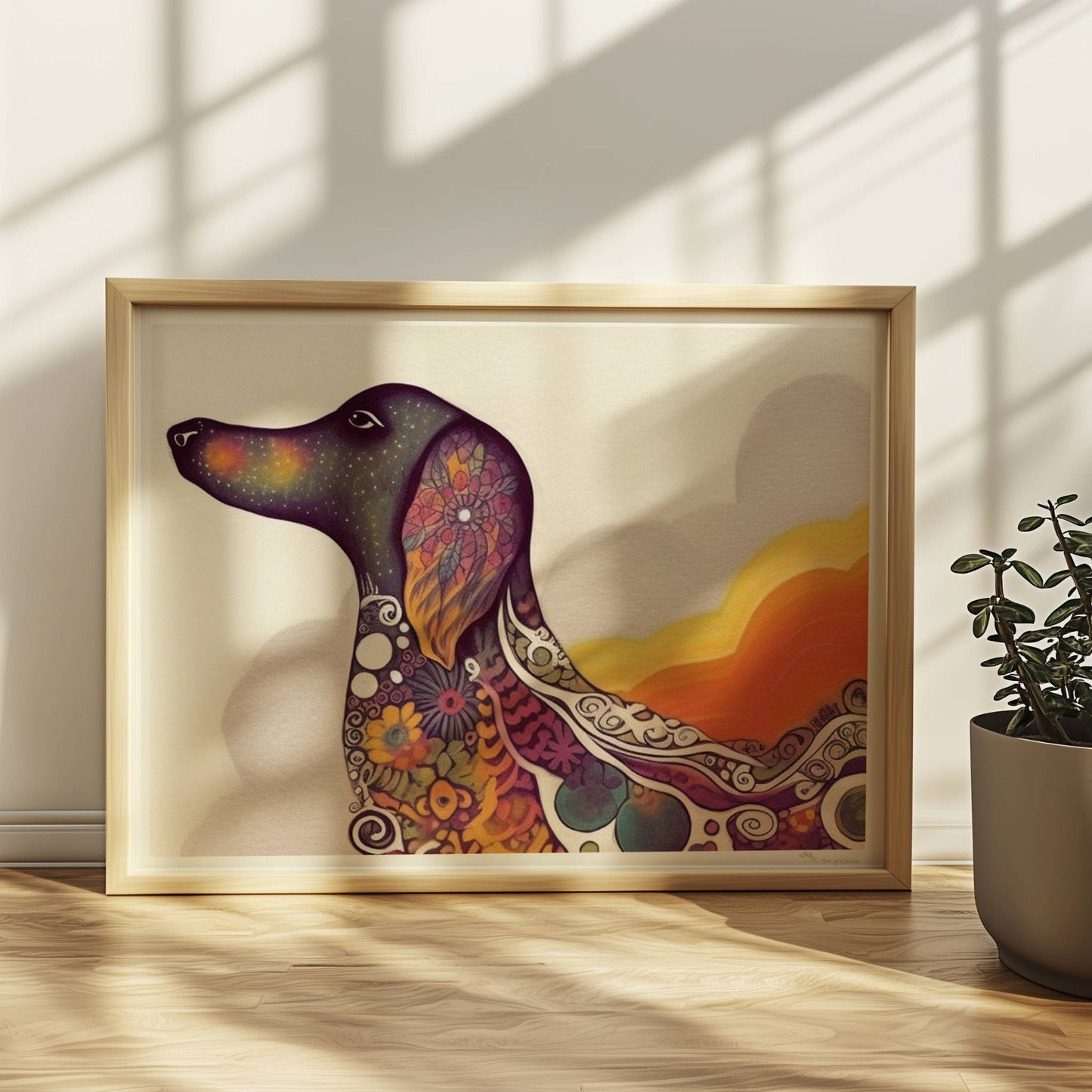 Bunter Dackel in psychedelischem Stil mit Mustern.. Rahmen natur 40x30