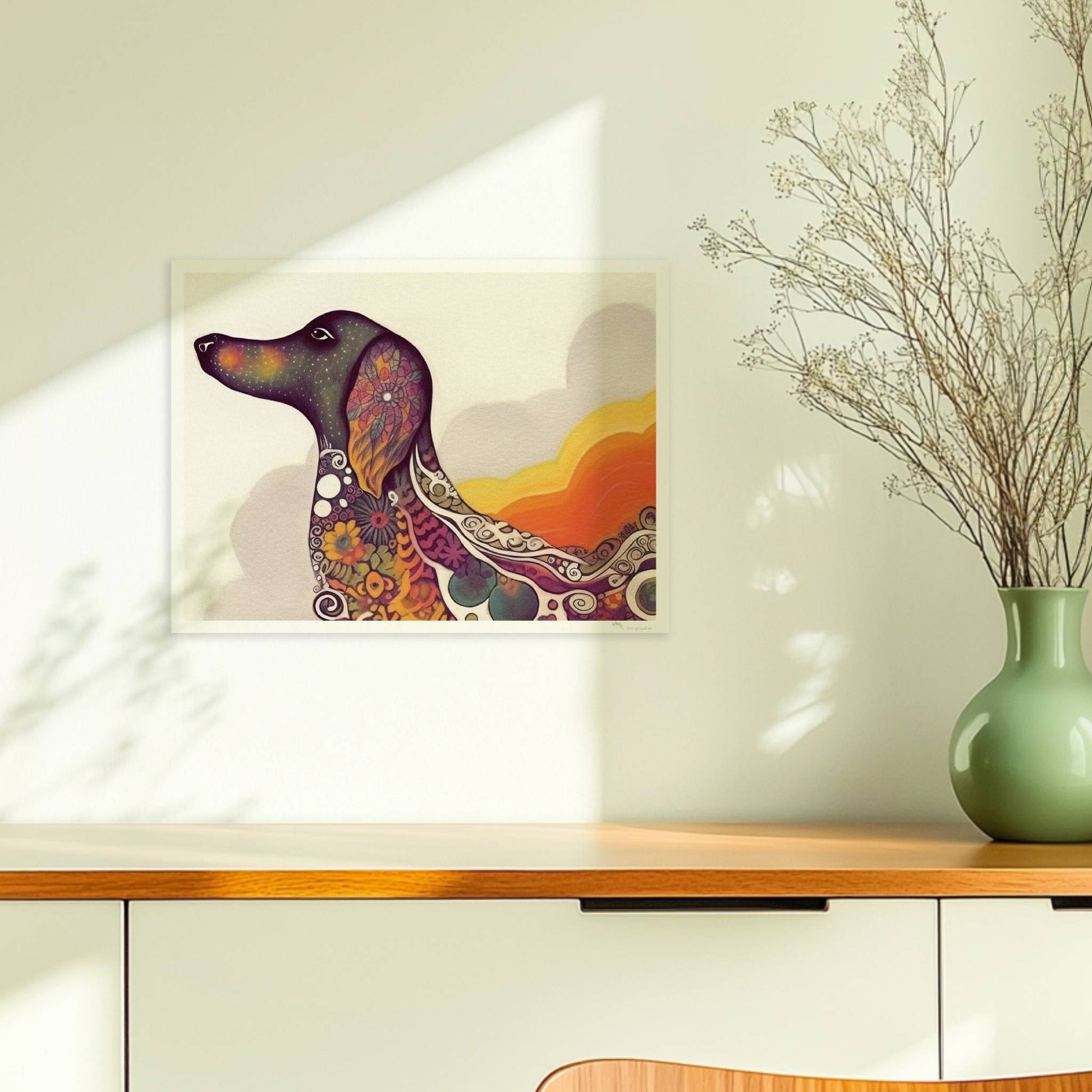 Bunter Dackel in psychedelischem Stil mit Mustern.. Ohne Rahmen 40x30