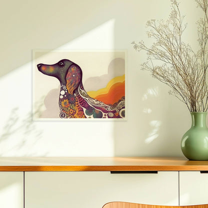 Bunter Dackel in psychedelischem Stil mit Mustern.. Ohne Rahmen 40x30