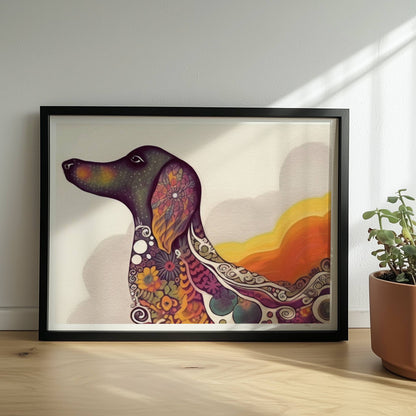 Bunter Dackel in psychedelischem Stil mit Mustern.. Rahmen schwarz 40x30